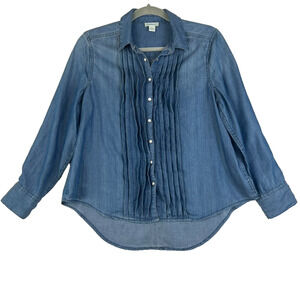 Sundance Women's Denim Blue Pleated Pearl Snap Long Sleeve Shirt Size Petite S
